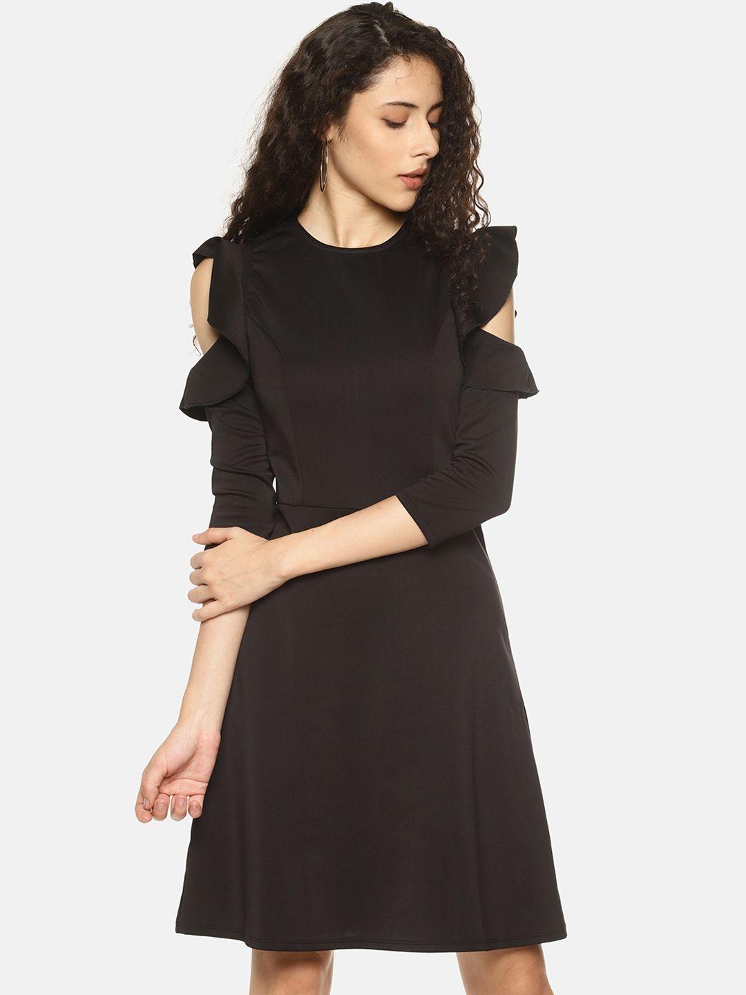 aara women solid black fit and flare dress