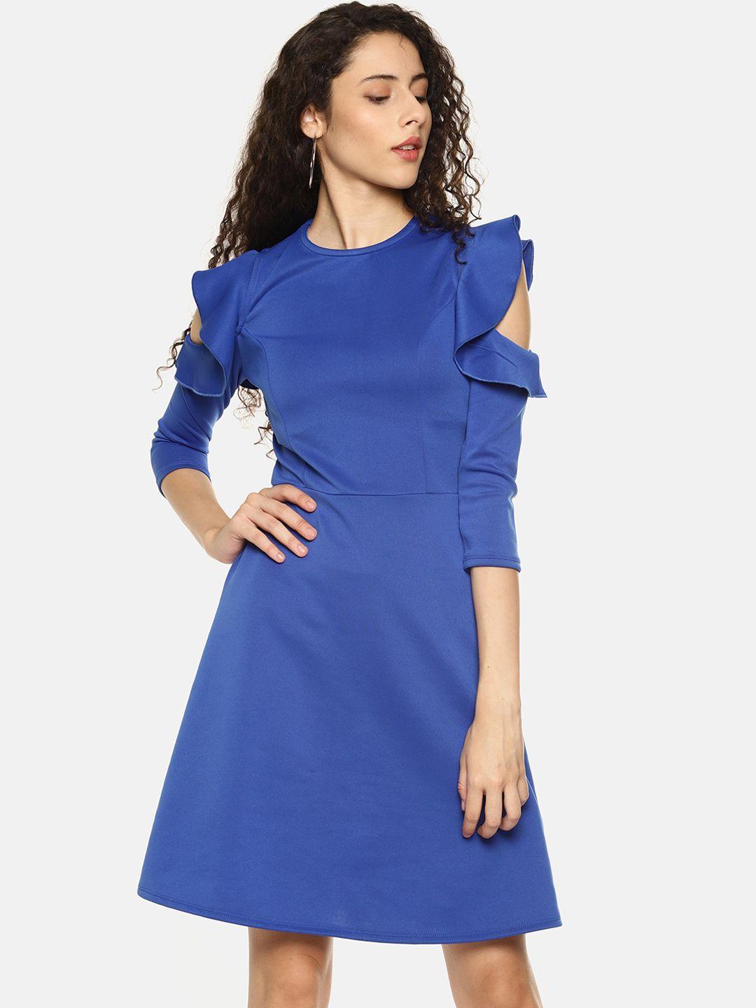 aara women solid blue a-line dress