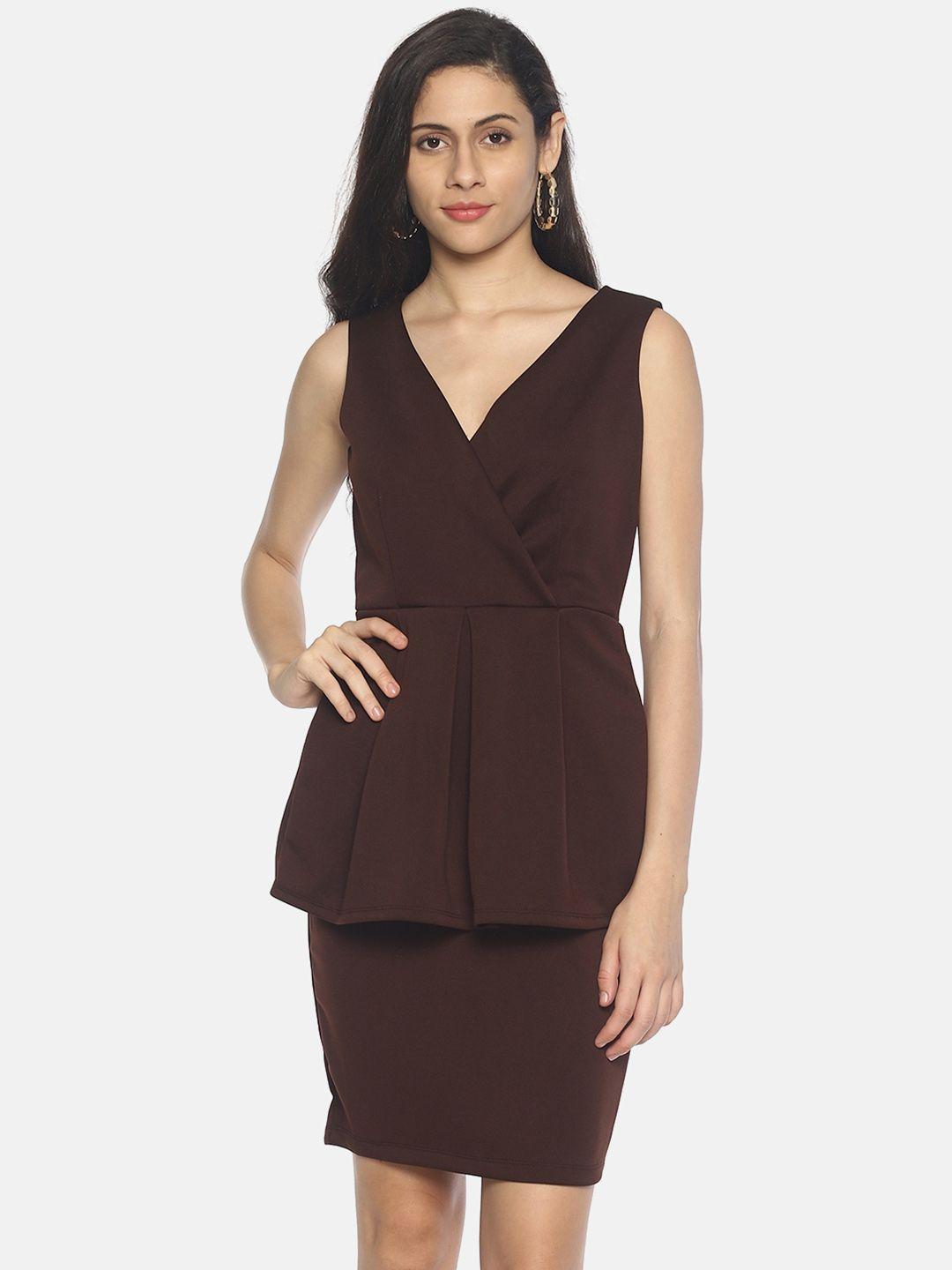 aara women solid coffee brown wrap peplum dress