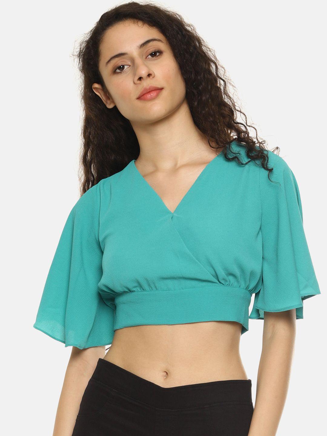 aara women turquoise blue solid crop styled back top
