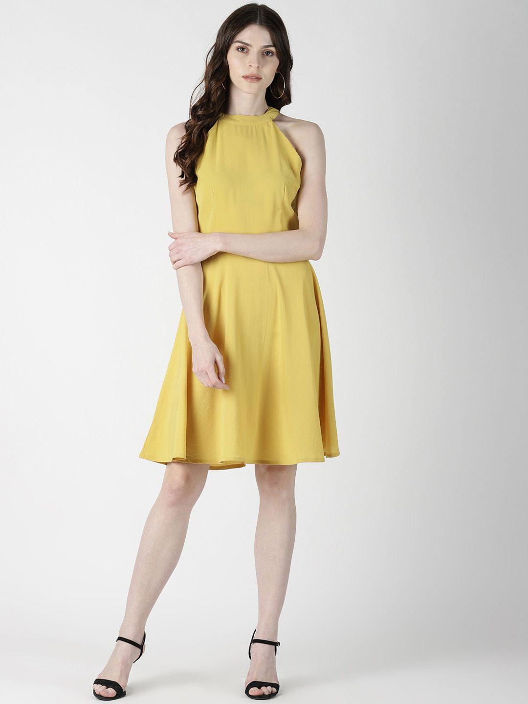aara women yellow solid fit and flare dress