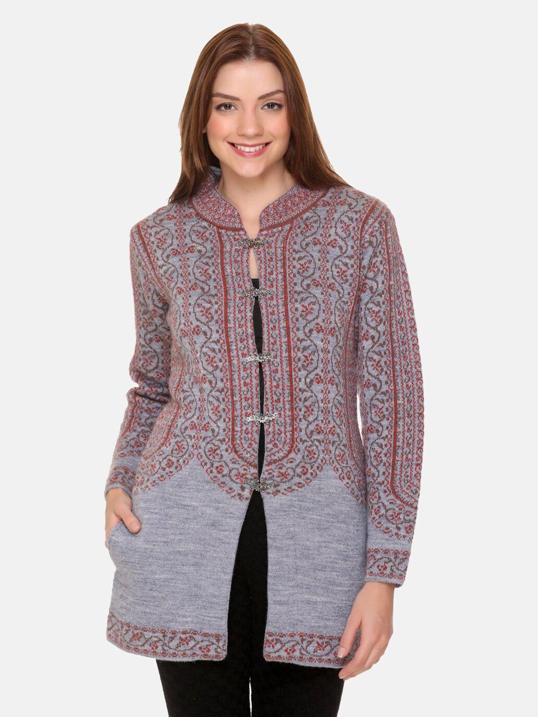 aarbee women blue & maroon woollen floral longline cardigan