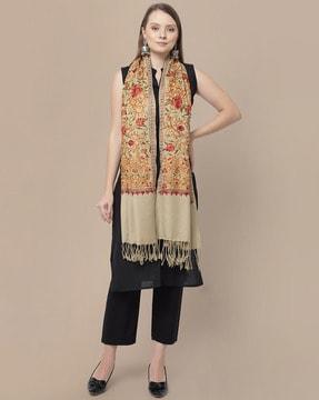 aari embroidered kashmiri woollen shawl with tassels