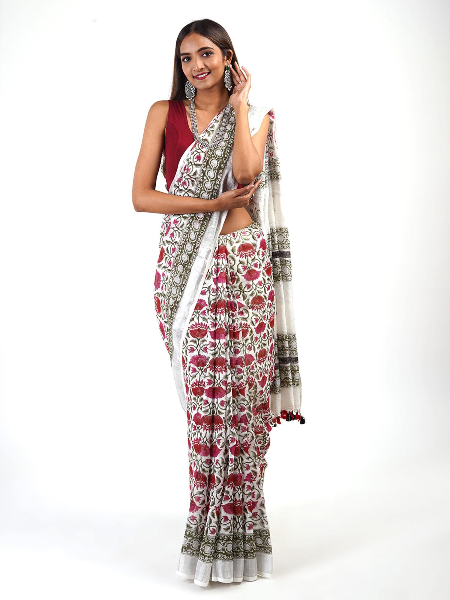 aaria white linen hand block saree with unstitched blouse