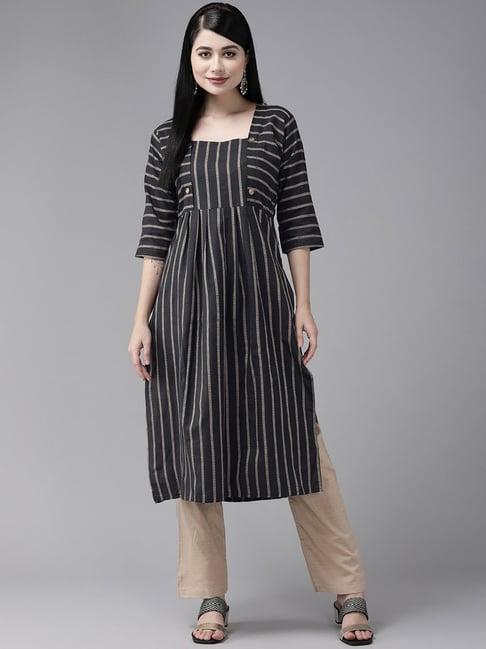 aarika black & beige cotton striped kurta pant set