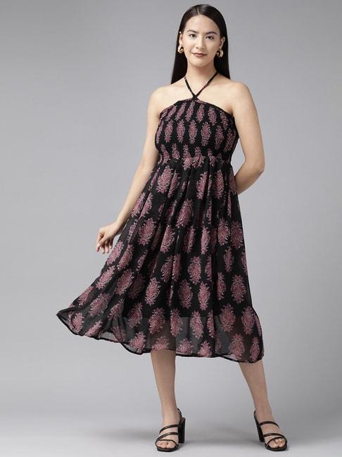 aarika black printed a-line dress