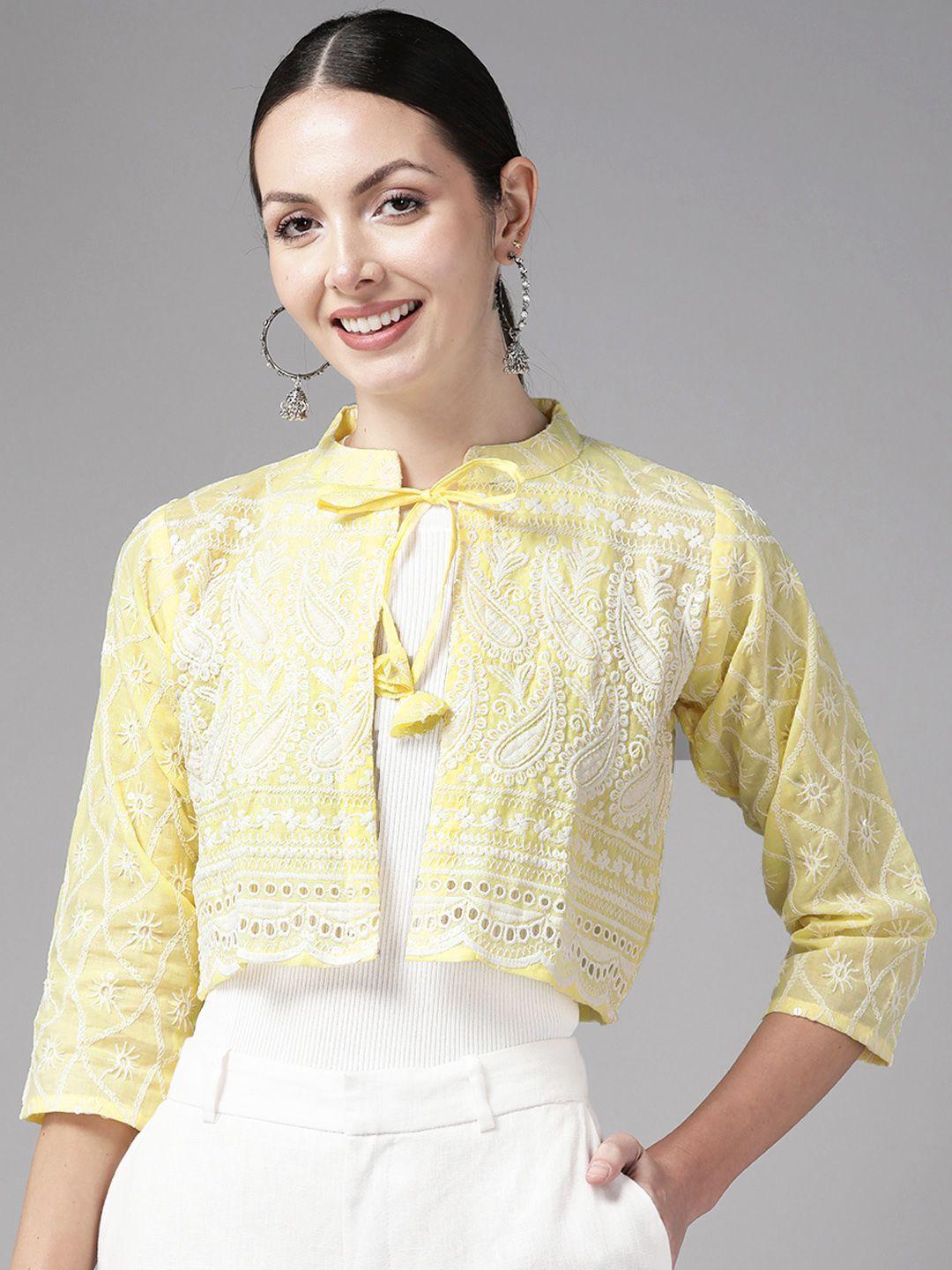 aarika embroidered lightweight crop open front cotton jacket