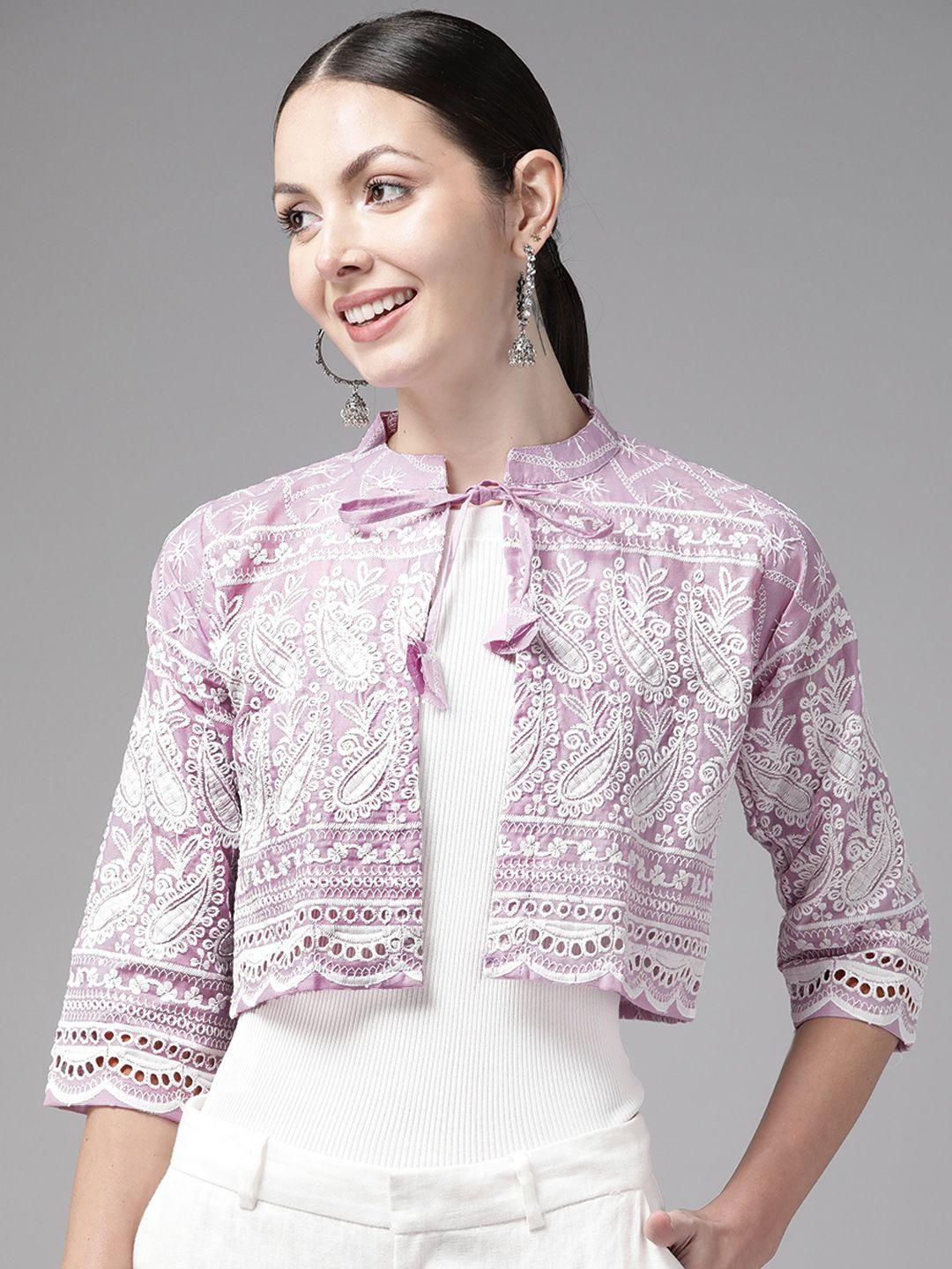 aarika embroidered lightweight crop open front cotton jacket