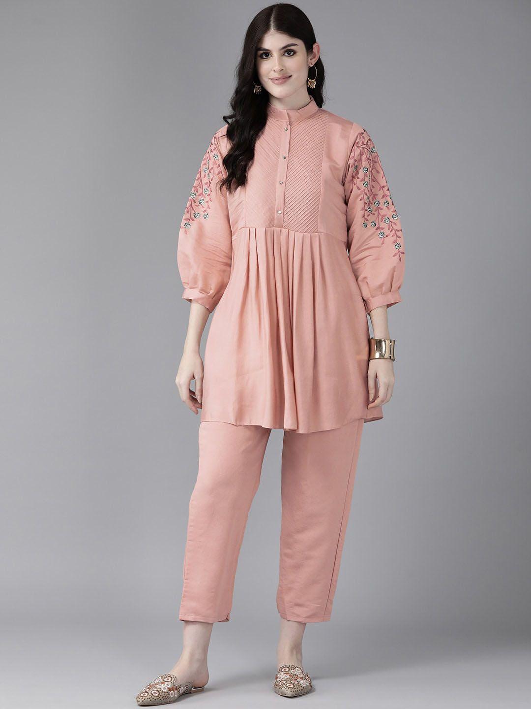aarika floral embroidered puff sleeves a-line  kurta with trousers