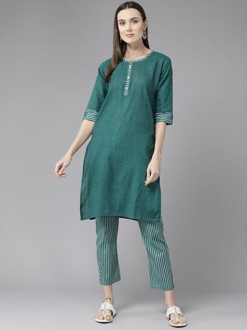 aarika green cotton kurti pant set