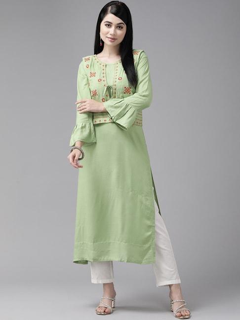 aarika green embroidered straight kurta with jacket