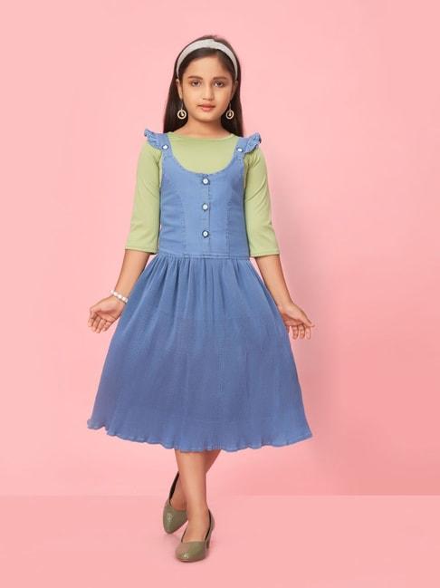 aarika kids blue & green solid dress with top