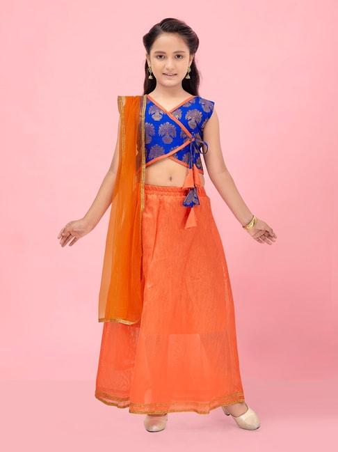 aarika kids dark blue & orange printed lehenga, choli with dupatta