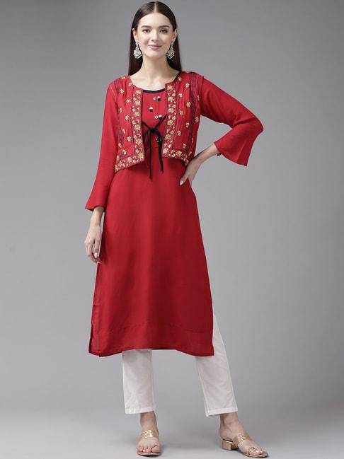aarika maroon embroidered straight kurta with jacket