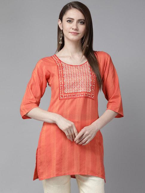 aarika orange cotton embroidered straight kurti