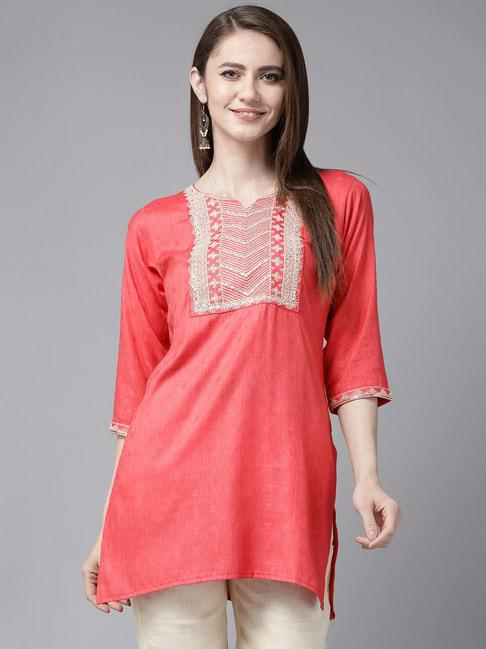 aarika pink cotton embroidered straight kurti