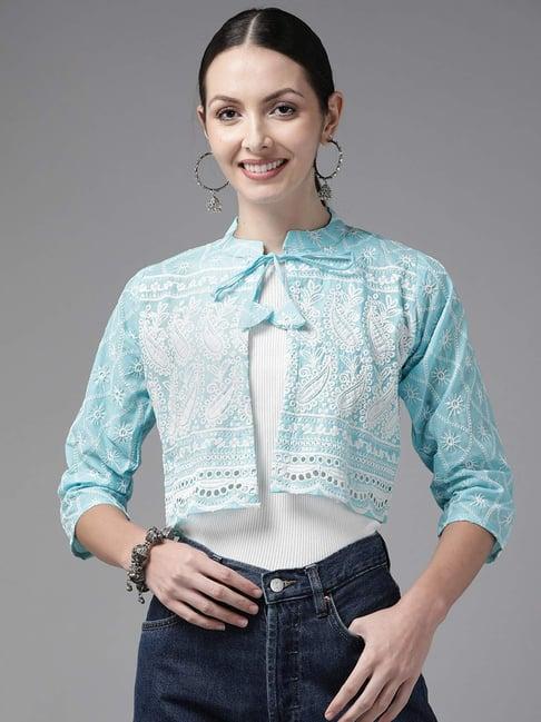 aarika turquoise cotton embroidered shrug