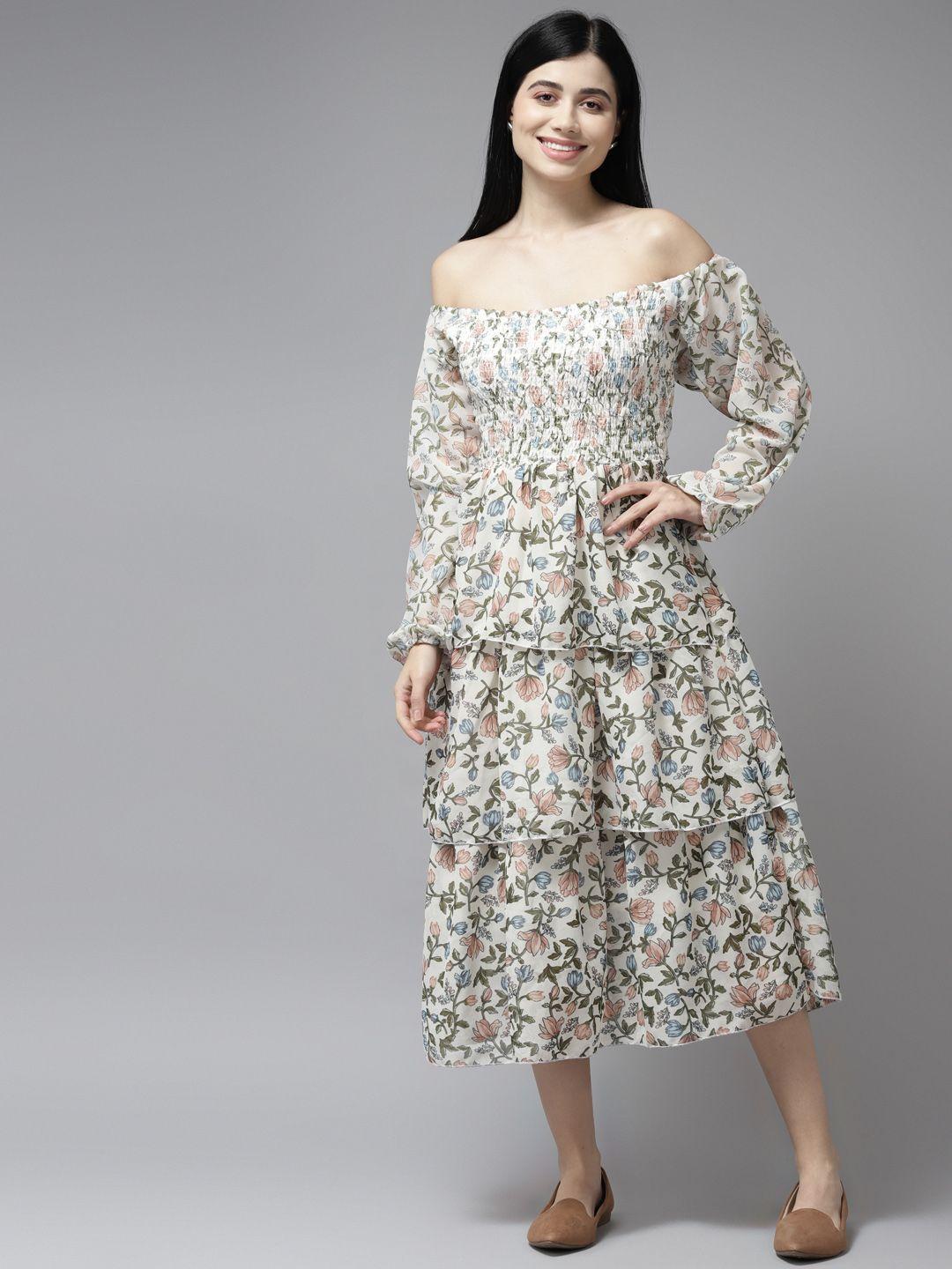 aarika white floral off-shoulder georgette a-line midi dress