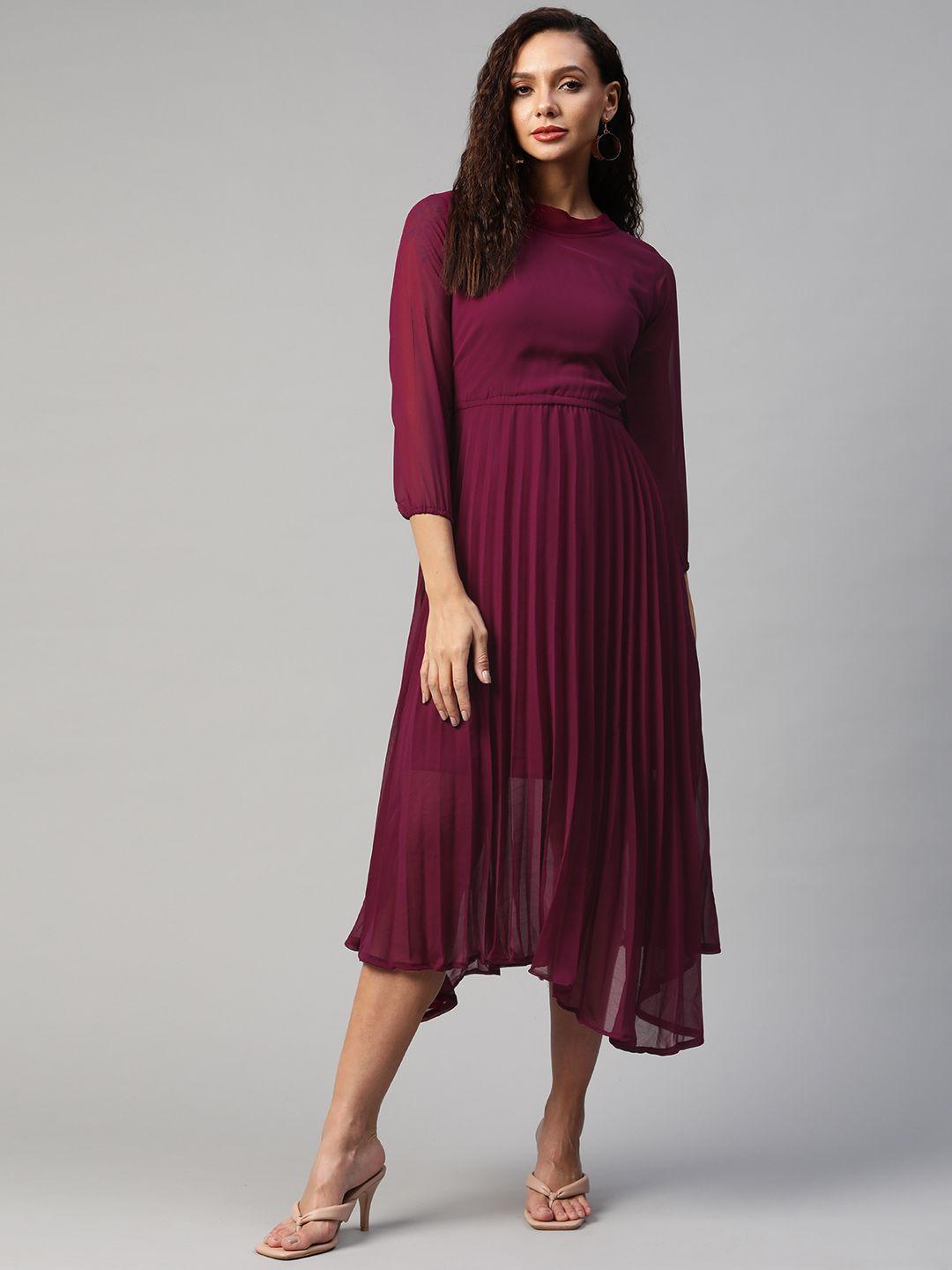 aarika women burgundy solid a-line midi dress