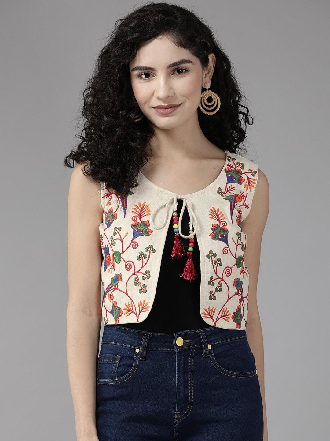 aarika women cream-coloured floral embroidered crop tailored jacket