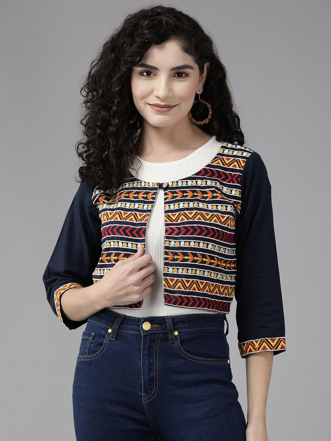 aarika women geometric lightweight crop outdoor open front jacket with embroidered detail