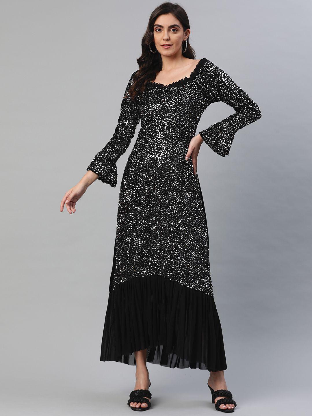 aarika women silver & black embellished velvet maxi dress