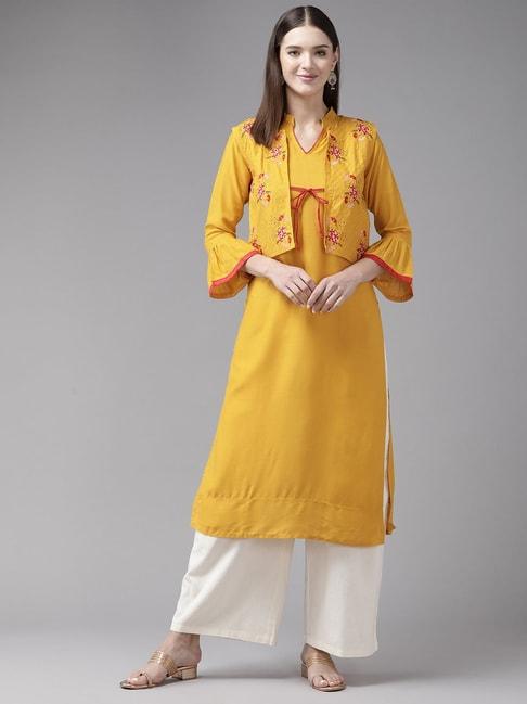 aarika yellow embroidered straight kurta with jacket