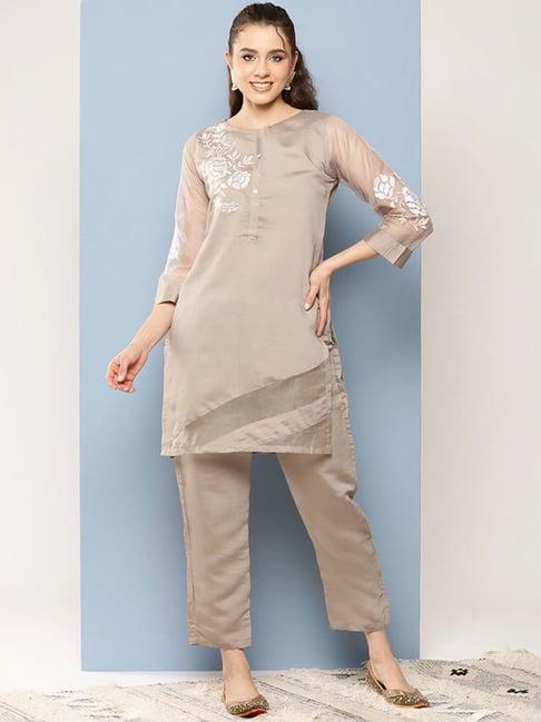 aarika beige embroidered kurti pant set