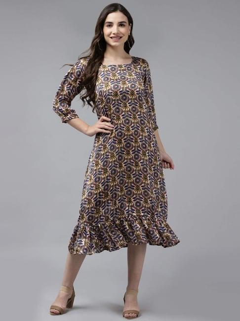 aarika beige printed a-line dress