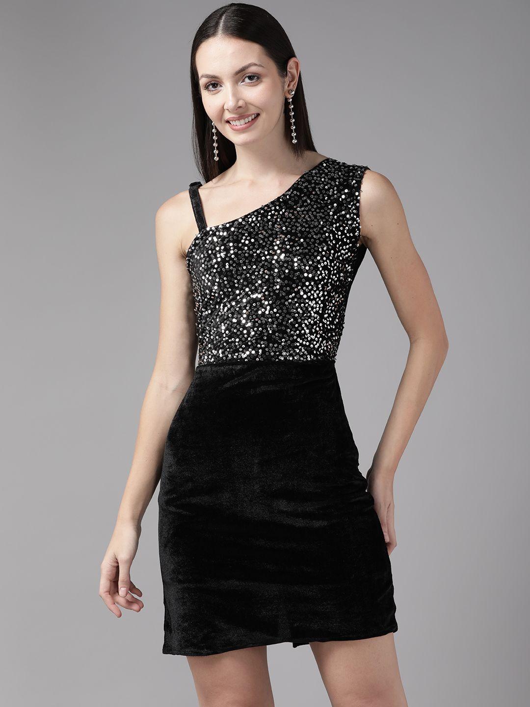aarika black & silver-toned embellished one shoulder georgette bodycon mini dress
