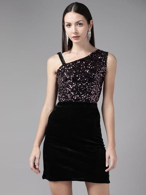 aarika black embellished bodycon dress