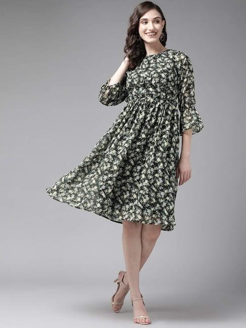 aarika black floral print a-line dress