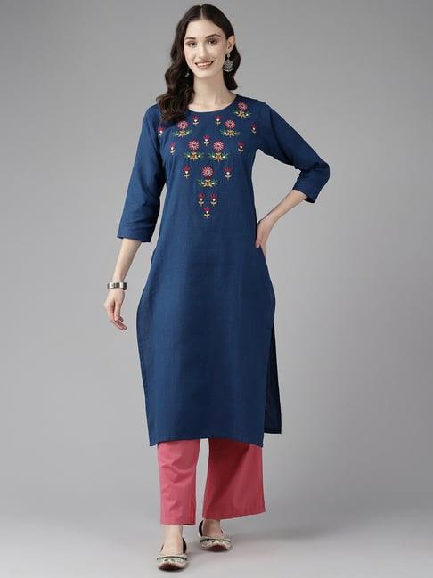 aarika blue cotton embroidered straight kurta