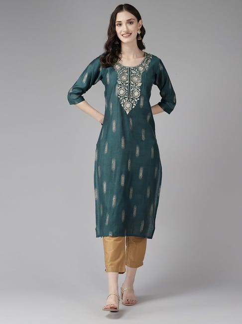 aarika blue cotton embroidered straight kurta