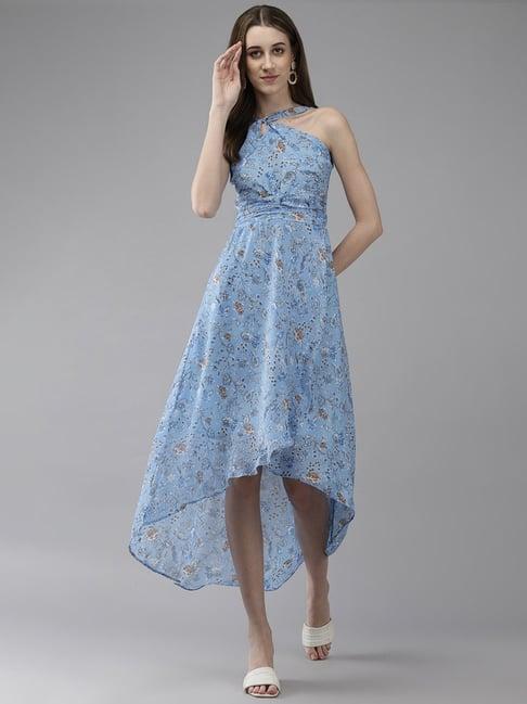 aarika blue floral print high-low dress