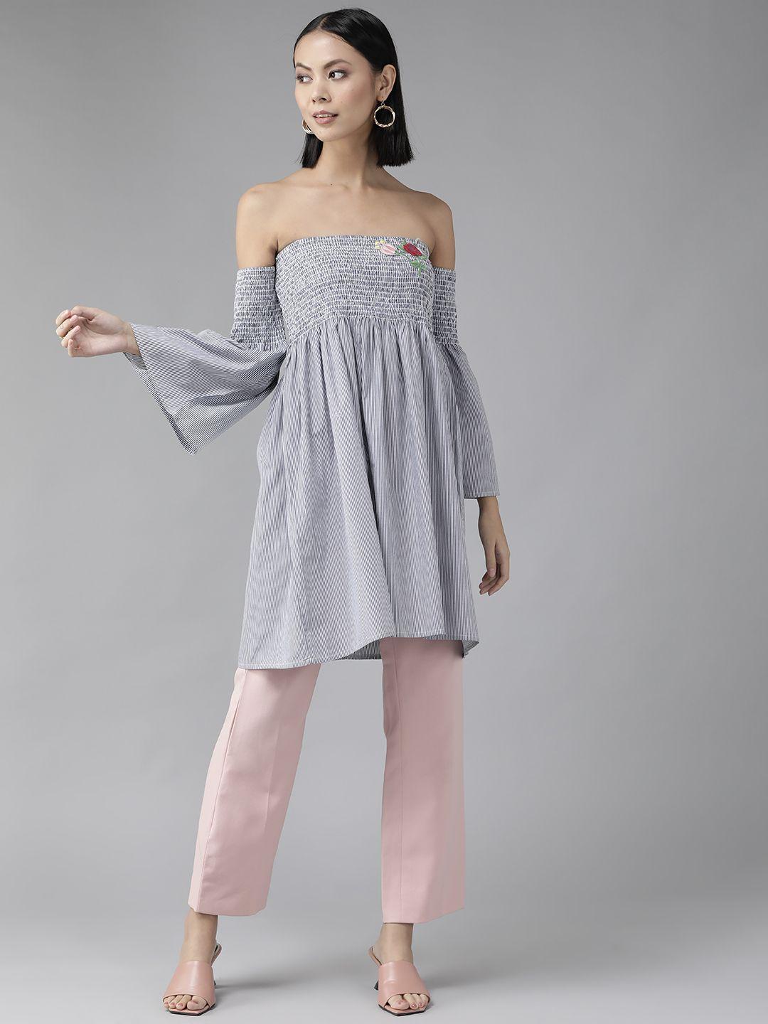 aarika blue striped off-shoulder smocked cinched waist longline top