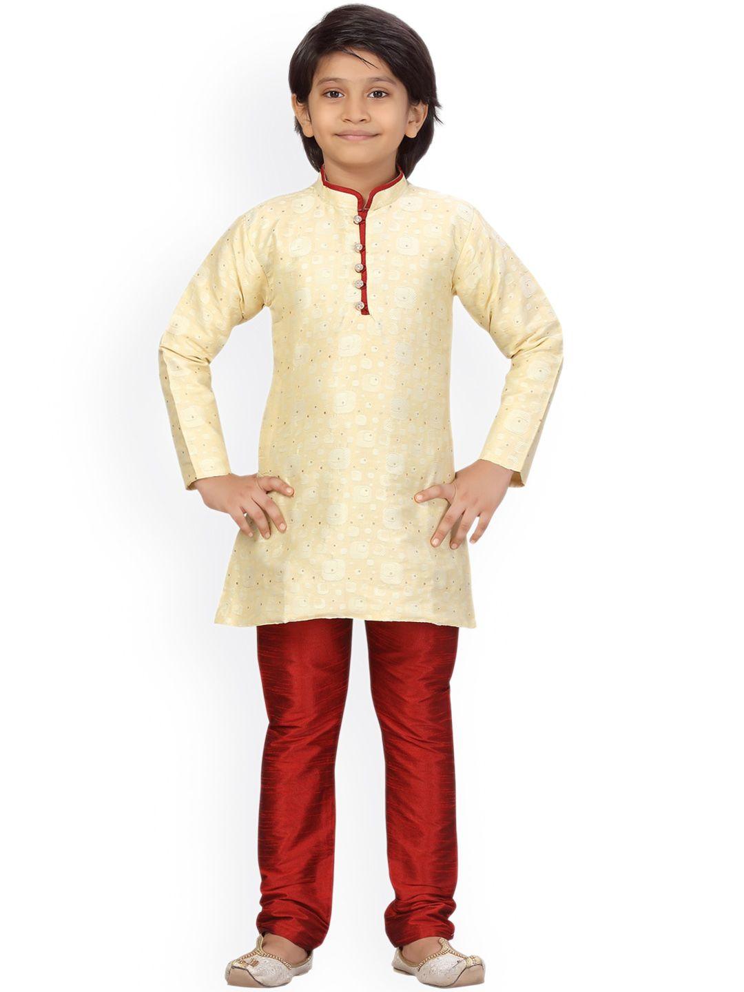 aarika boys cream-coloured ethnic motifs regular pure cotton kurta with churidar