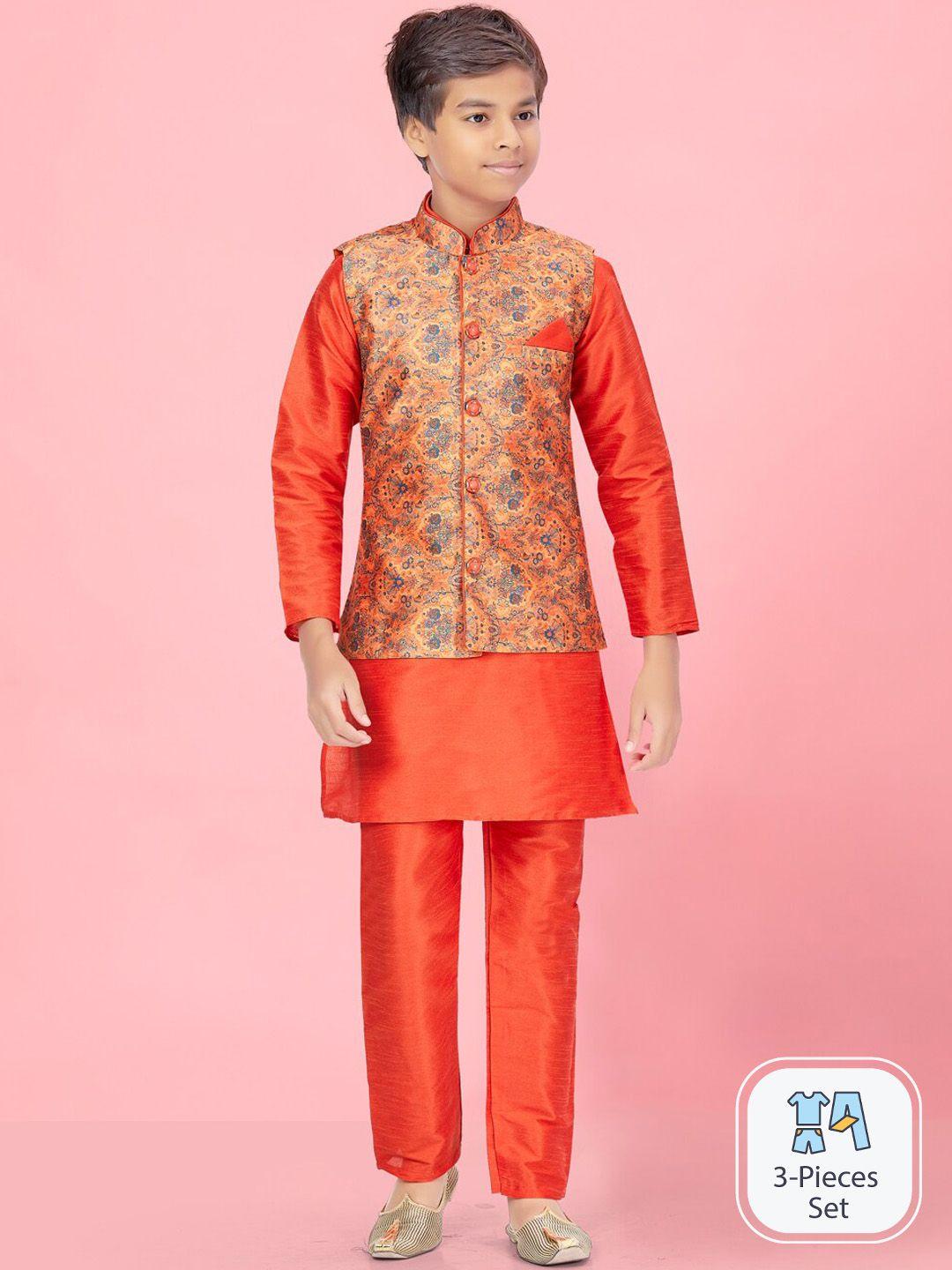 aarika boys mandarin collar regular pure silk kurta with pyjamas and printed nehru jacket