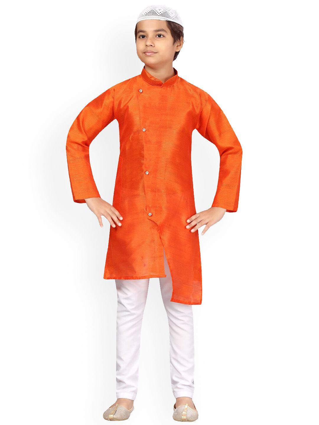 aarika boys orange & white pure silk kurta with pyjamas