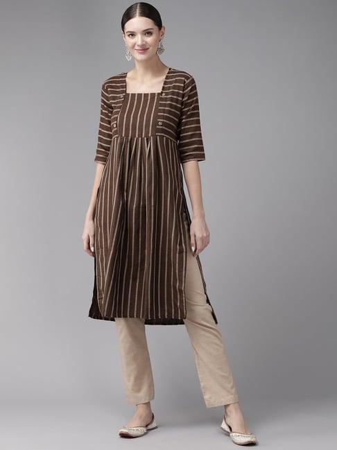 aarika brown & beige cotton striped kurta pant set