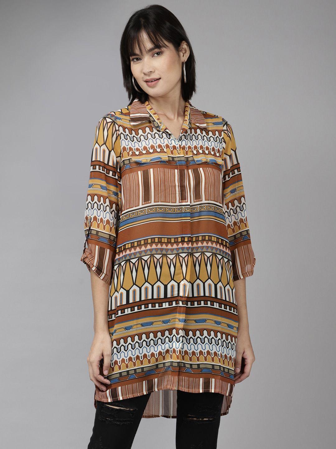 aarika brown & orange print georgette longline top