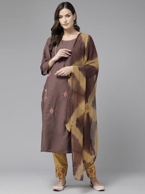 aarika brown & yellow embroidered kurta pant set with dupatta