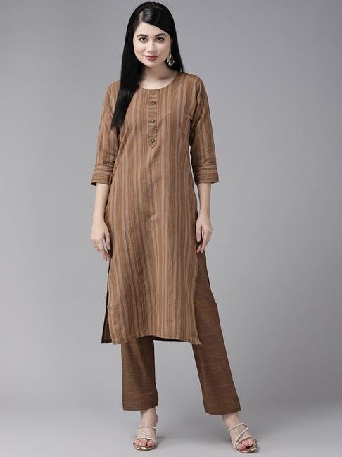 aarika brown cotton striped kurta pant set