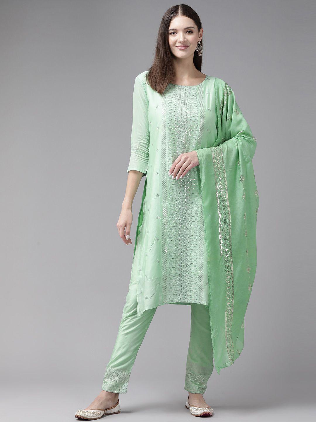 aarika embroidered regular sequinned pure cotton kurta with trousers & dupatta