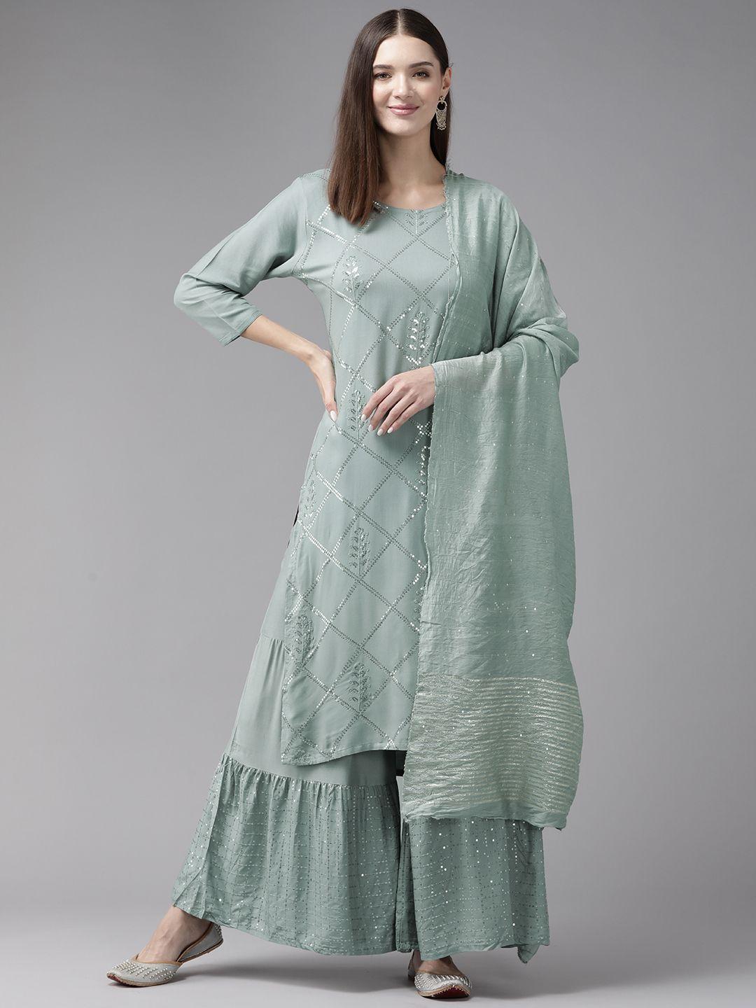 aarika embroidered sequinned pure cotton kurta with sharara & dupatta