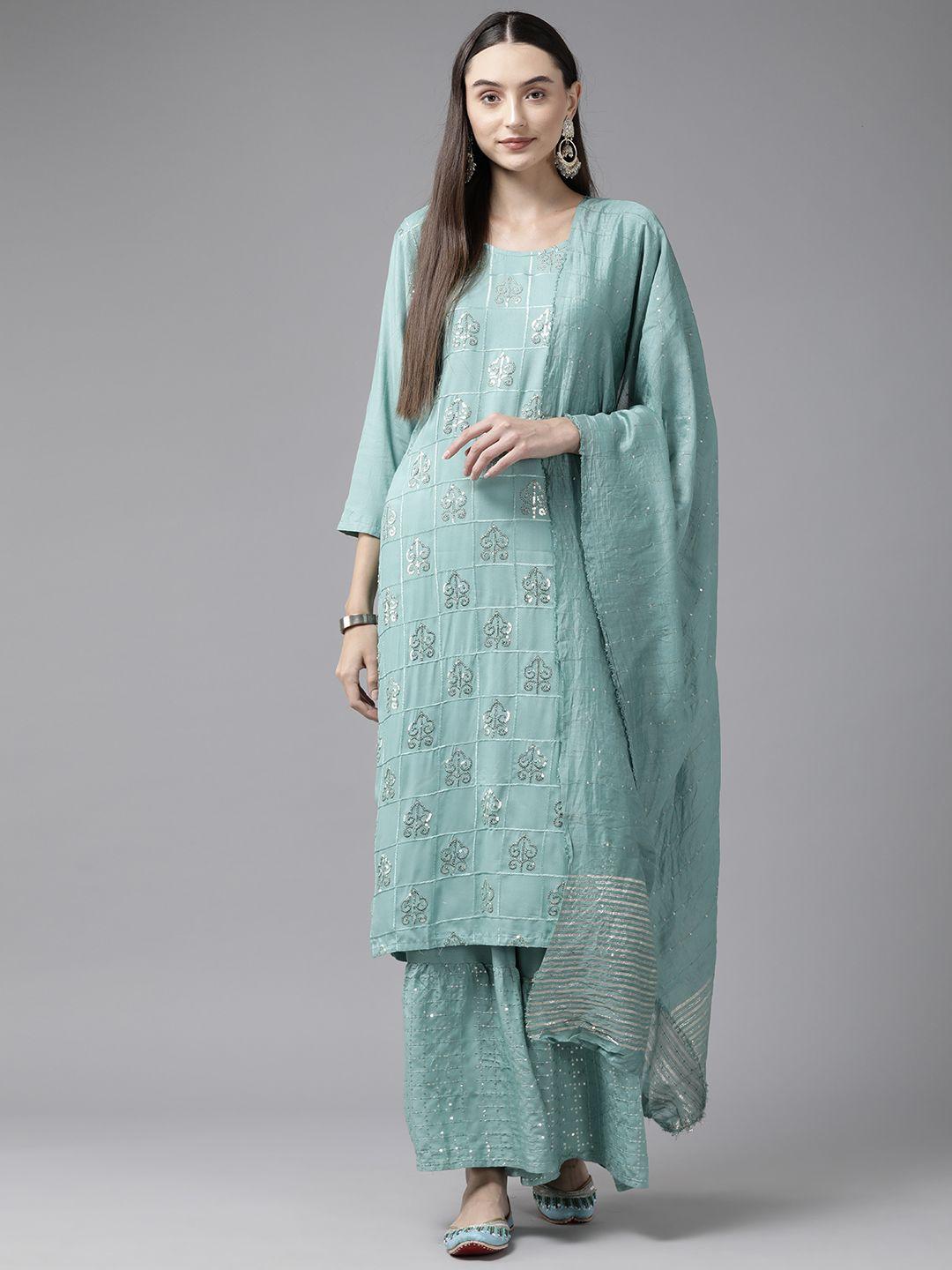 aarika ethnic motifs embroidered sequinned pure cotton kurta with sharara & dupatta