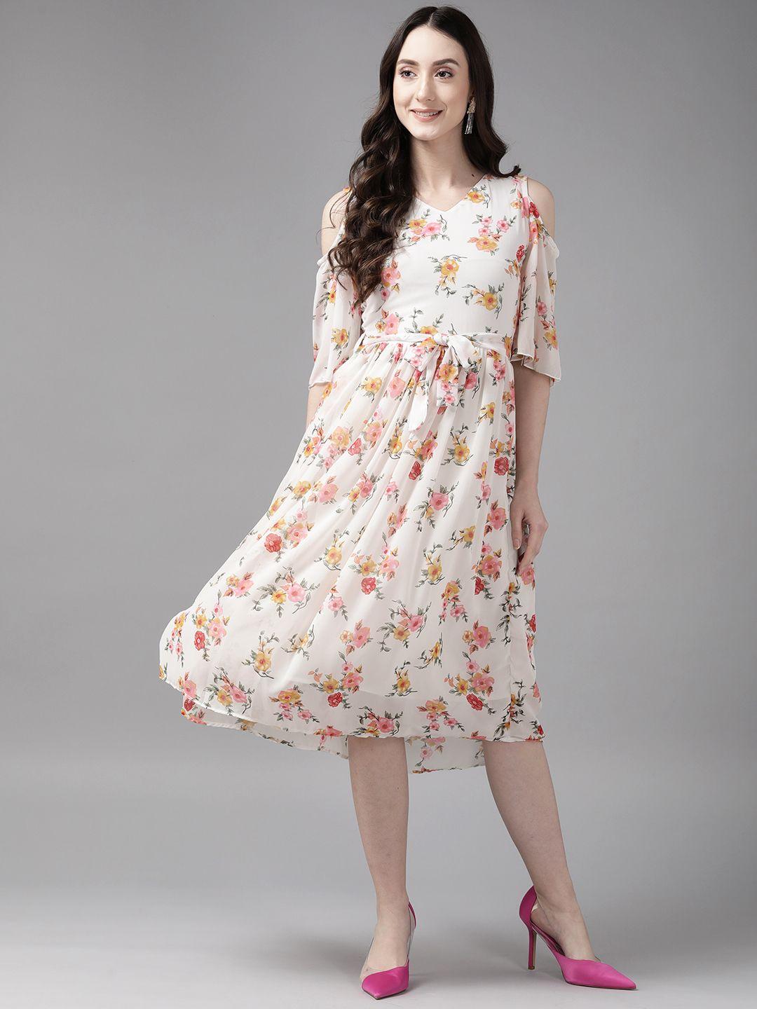 aarika floral cold-shoulder sleeves georgette a-line midi dress