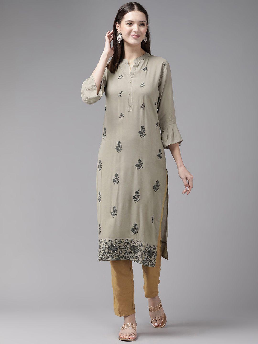 aarika floral embroidered mandarin collar bell sleeves kurta