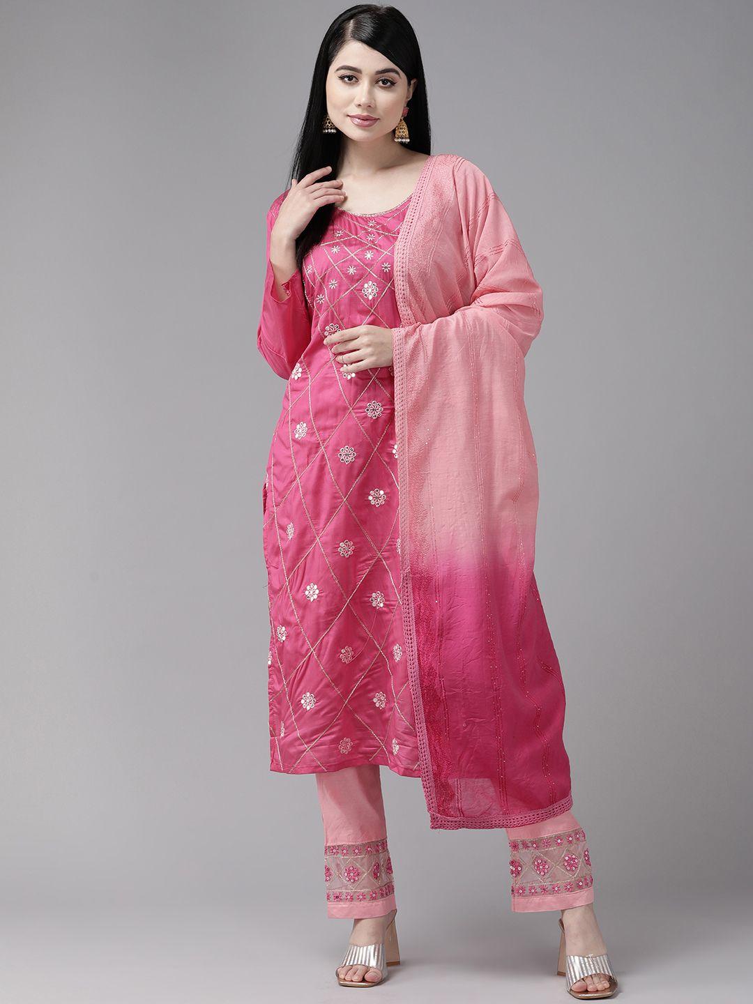 aarika floral embroidered sequinned pure cotton kurta with trousers & dupatta