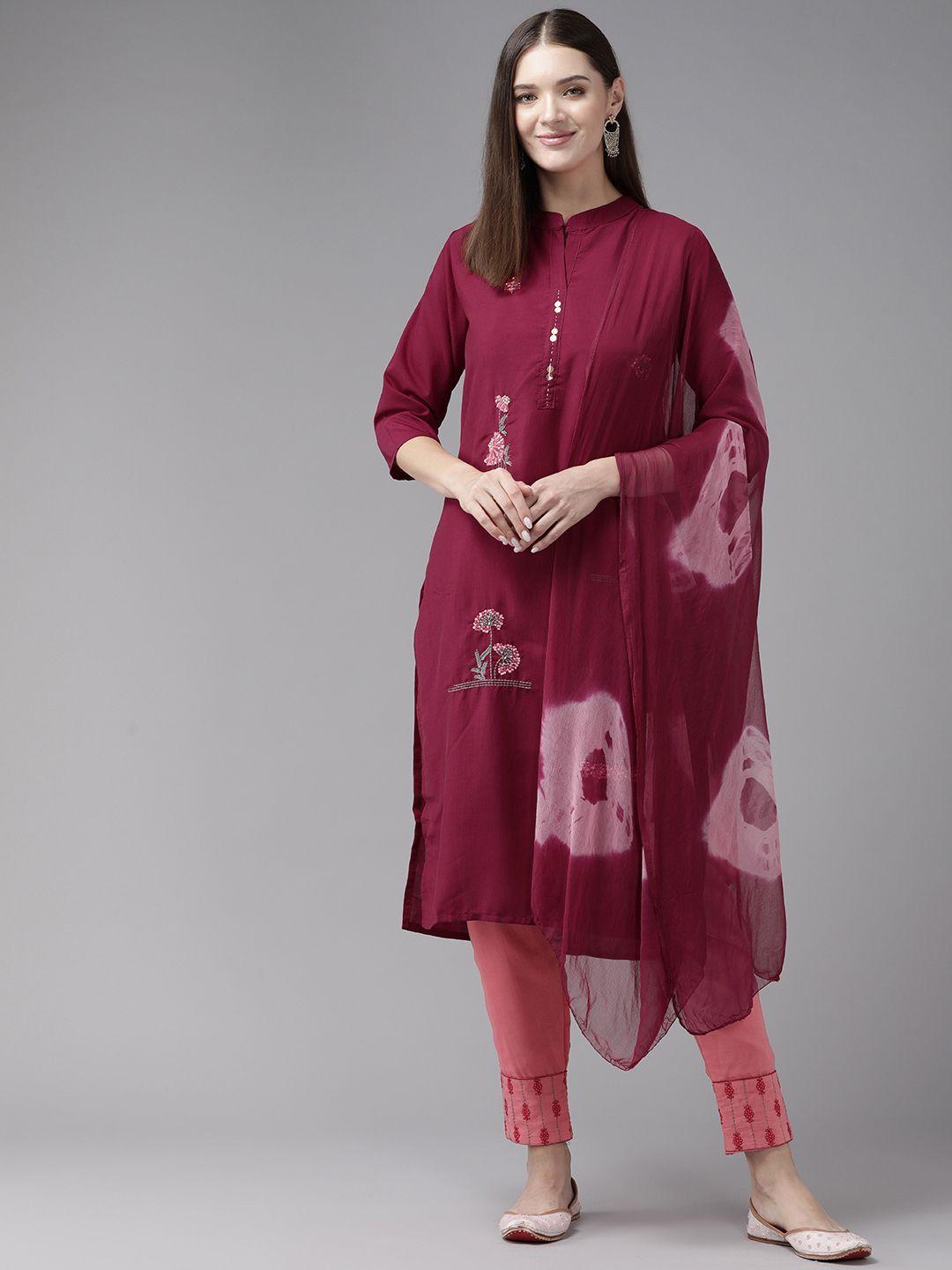 aarika floral embroidered thread work pure cotton kurta with trousers & dupatta